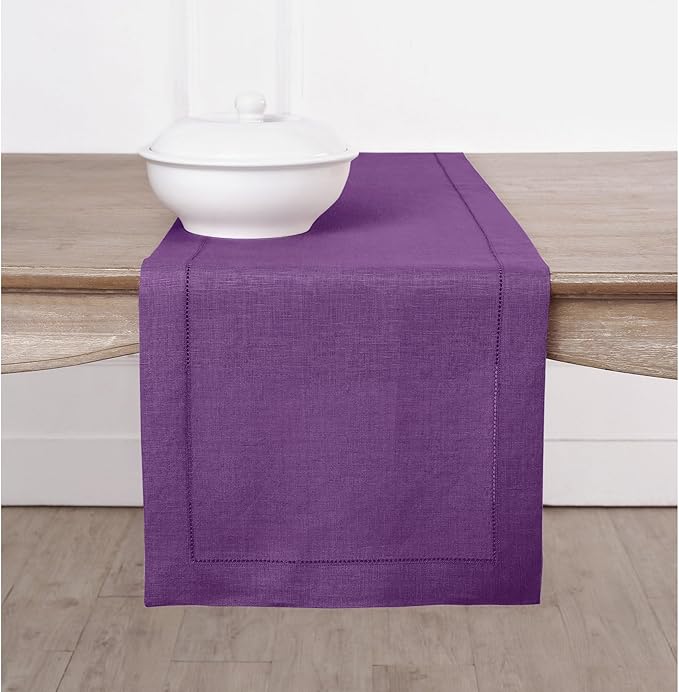 Solino Home Linen Purple Table Runner 60 Inches - Classic Hemstitch, 100% Pure Linen Coffee Table Runner 14 x 60 Inch Ideal for Dresser Tables - Spring, Easter, Valentines