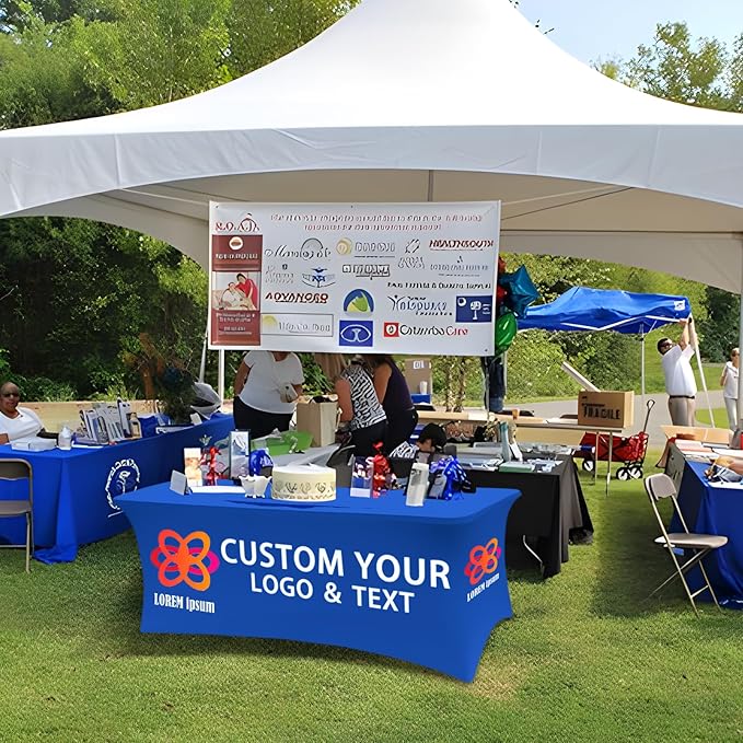 Personalized Table Cloth with Logo Image Customized Tablecloth 4FT/5FT/6FT/8FT Spandex Customized Table Cover Promotional Business Tradeshow Events Birthday Party Wedding (8FT Spandex(Open back))