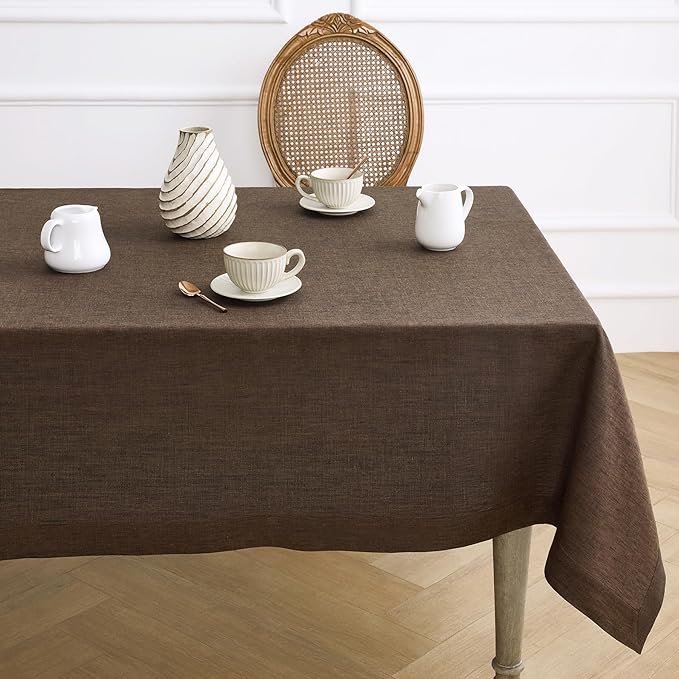 Solino Home Linen Tablecloth 54 x 72 Inch - 100% Pure Linen Chambray Brown Table Cloth for Rectangular Tables - Athena, Machine Washable Cloth Tablecloth