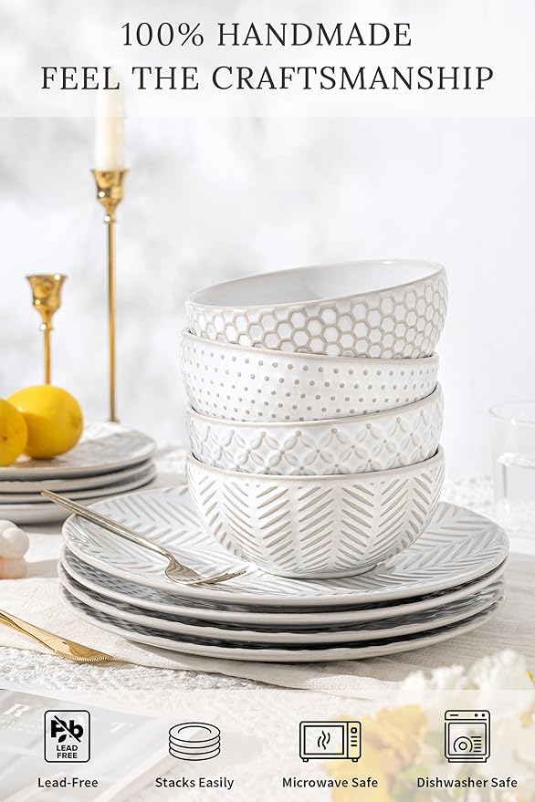 24-Piece Embossed Ceramic Dinnerware Set–8 Dinner Plates, 8 Salad Plates, 8 Pasta Bowls,Elegant & Durable Tableware for Large Families, Dishwasher & Microwave Safe