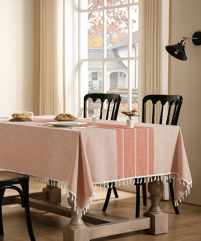 ZeeMart Contrast Linen Table Cloth Rectangle Table Cloths 54x108 Inch Orange, Farmhouse Style Heavy Weight Burnt Orange Fall Tablecloth, Water Resistant Burlap Tablecloths