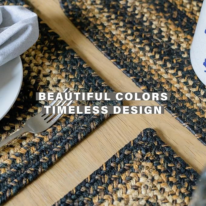 Homespice Kilimanjaro Jute Braided Oval Placemats, Warm Primitive Decor, Set of 6, 13x19 Black and Tan Table Mats - Vibrant Colors, Durable, Easy to Clean and Protects Furniture