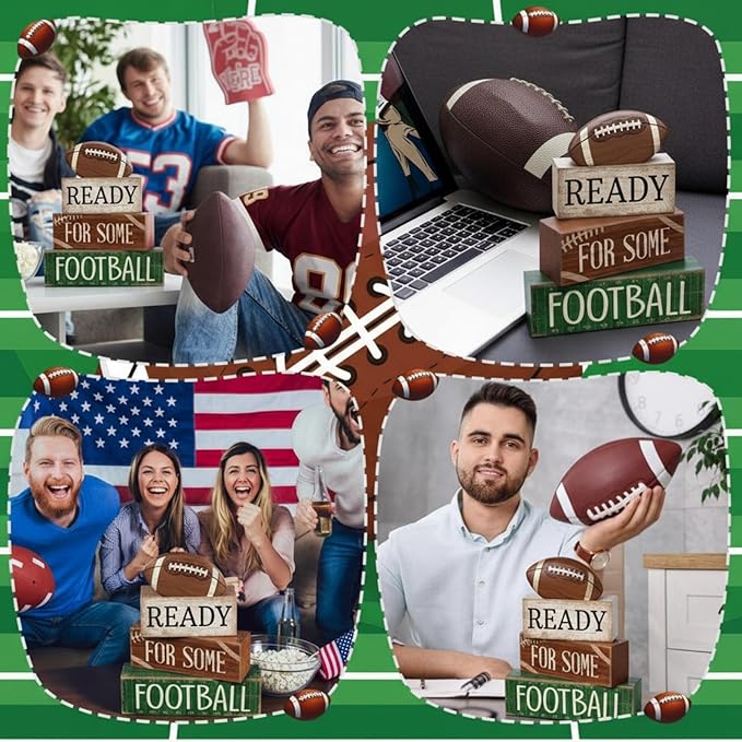 4pcs Football Christmas Table Decoration Happy Football Wooden Block Sign Rugby Tiered Tray Decor Centerpiece Decorative Faux Book Stack for Holiday Tabletop Fireplace Shelf Desk Party Decor