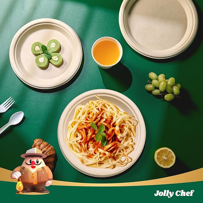 JOLLY CHEF Compostable Heavy Duty Plates 9 Inch [300 Pack] Eco-Friendly Disposable Natural Paper Plates Bagasse Biodegradable Sugarcane Bulk for Party Dinner Lunch Hot Cold Food Christmas (Brown)
