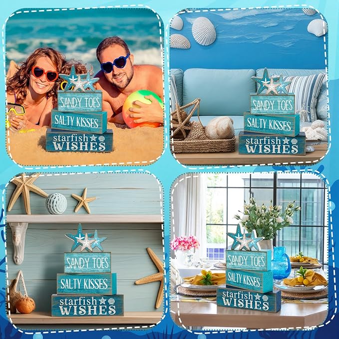 4 Pcs Summer Table Decorations Beach Tiered Tray Decor Starfish Coastal Rustic Wooden Block Sign Stacked Book Nautical Table Centerpiece for Farmhouse Home Living Room Office Desk Shelf Mantel