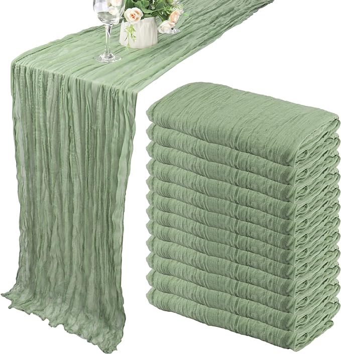 12 Pack 10Ft Cheesecloth Table Runner 35x120 Inch Boho Gauze Table Runner Cheese Cloth Long Romantic Table Runners for Wedding Bridal Shower Birthday Party Table Decor (Dusty Sage Green)