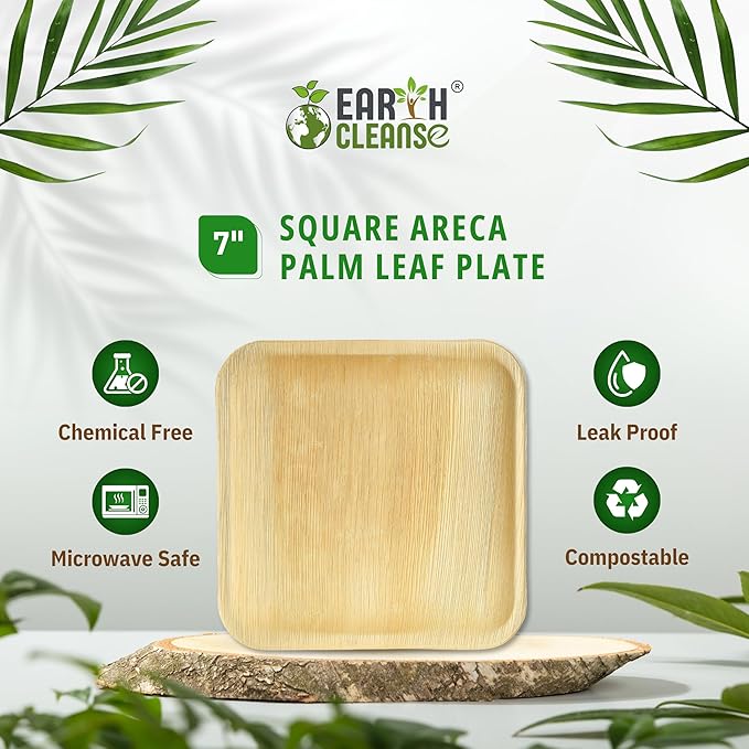 Compostable 7 Inch Palm Leaf Square Plates (200 Count) Like Wooden Disposable Plates | Biodegradable | Eco-Friendly, Microwave & Oven Safe | USDA Certified 100% Biobased