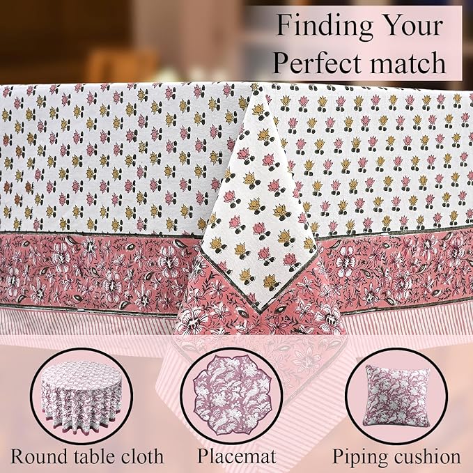 CPC Rosette Bloom Tablecloth 100% Cotton 80x120 Inch Indian Block Print Rectangle Table Cover, Table Cloth for Gifting in Weddings, Halloween, Fall, Christmas, Thanksgiving
