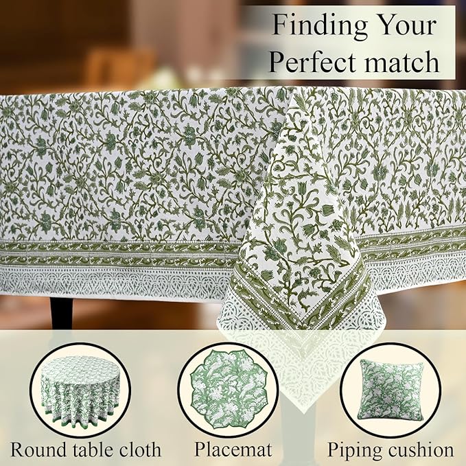 CPC Meadow Vine Tablecloth 100% Cotton 72x140 Inch Indian Block Print Rectangle Table Cover, Table Cloth for Gifting in Weddings, Halloween, Fall, Christmas, Thanksgiving