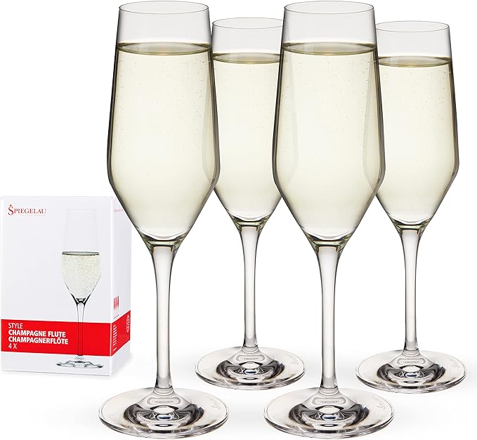 Spiegelau Style Champagne Flutes, Elegant Crystal Champagne Glasses Gift Set, Perfect for Prosecco, Sparkling Rose, Mocktails, Home Bar Accessories, Housewarming, Wedding Gifts, 8.5 oz, Set of 4