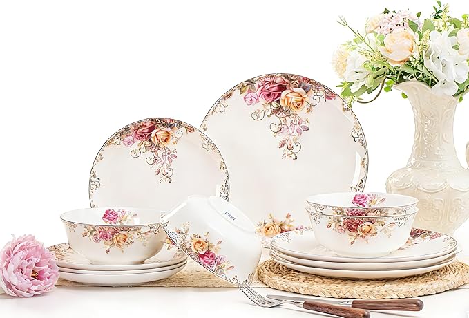 Dinnerware Sets, Plates Set, with Bowls, Artistic 12-Piece Ceramic Dinnerware, for Home Restaurant, Chip and Scratch Resistant, Microwave and Dishwasher Safe, Rose Collection