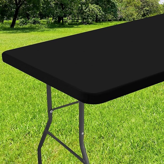 Smiry Rectangle Tablecloth, Elastic Fitted Flannel Backed Vinyl Tablecloths for 8ft Folding Tables, Waterproof Wipeable Table Covers for Indoor, Outdoor, Picnic and Camping (Black, 30"x96")