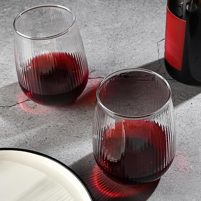 Stemless Wine Glasses Set of 12, 17Oz Red/White Wine Glasses with No Stem, Strip Textured Glassware Set, Dishwasher Safe, Ideal for Daily Use, Home Bar, Birthdays, Housewarming Gift