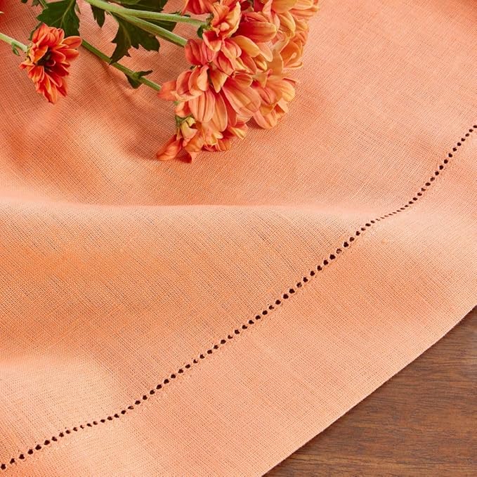 Solino Home Linen Tablecloth for Rectangle Tables 60 x 90 Inch - Classic Hemstitch 100% Pure Linen Coral Table Cloth - Machine Washable Cloth Tablecloth for Valentines, Spring, Easter