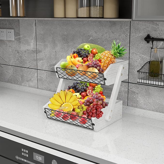 Dorhors Fruit Basket for Kitchen, 2 Tier Fruit Bowl,Kitchen Counter Organizer,Wooden Vegetable Holder for Countertop,Bread Storage Basket Stand (Rustic White)