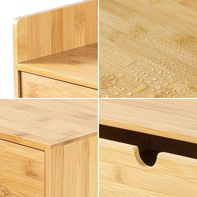 Wisuce Bamboo Desk Organizer, Mini Desktop Drawer Tabletop Storage Organization Box for Office Home Toiletries Supplies Vanity, No Assembly Required (3 Drawer with Shelf)