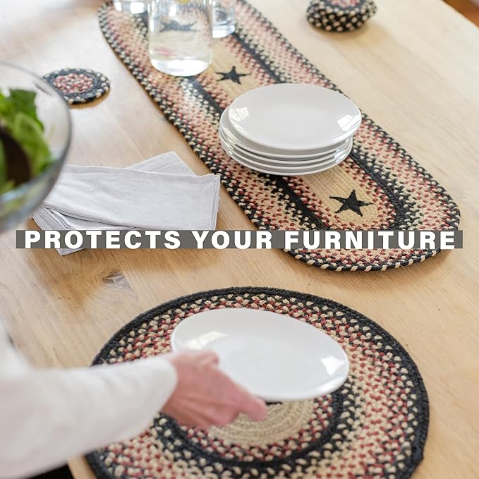 Homespice Primitive Star Gloucester Jute Braided Table Runner, Warm Primitive Decor, Set of 2, Black and Red Oval 8x28 - Rich Colors, Easy to Clean, Durable and Protects Furniture