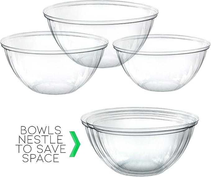 PLASTICPRO Disposable Combo Set of Salad Bowl Includes 4, 48 Ounce 4, 96 oz 4, 150 Ounce Round Crystal Clear Plastic Serving Bowl