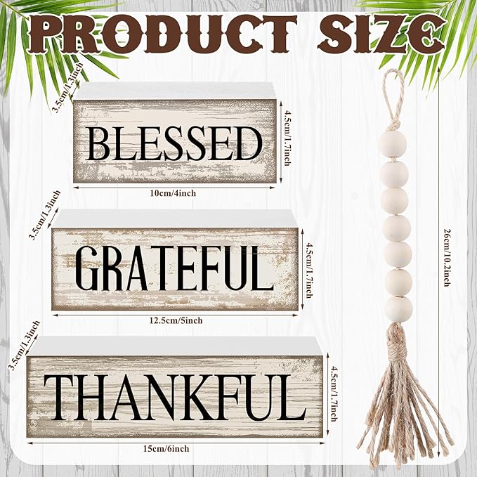 4 Pcs Farmhouse Wooden Tabletop Decor Farmhouse Tiered Tray Decor Rustic Retro Wood Bead Garland Blessed Grateful Thankful Block Sign Neutral Centerpiece Sign for Home Office Shelf Mantle