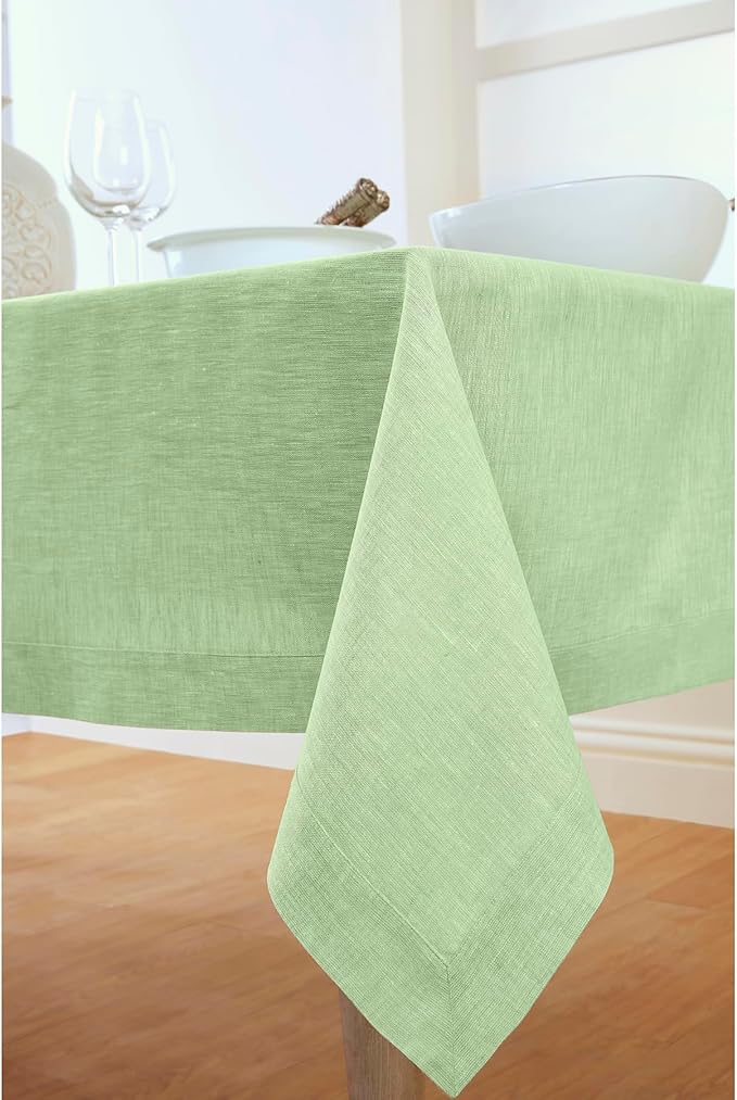 Solino Home Linen Tablecloth 60 x 108 Inch - 100% Pure Linen Chambray Green Table Cloth for Rectangular Tables - Athena, Machine Washable Cloth Tablecloth for Spring, St Patricks Day, Easter