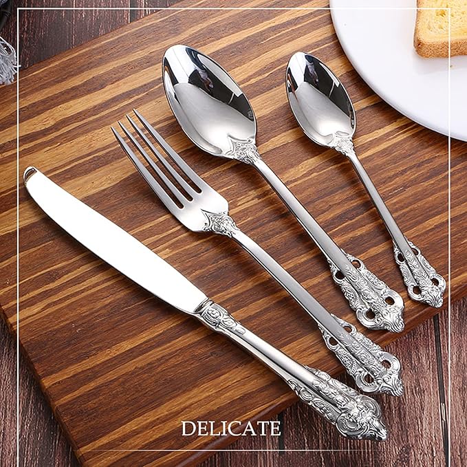 Silverware Set 18/10 Stainless Steel Flatware Sets Palace Style 24 Piece Delicate Cutlery Set for 6 Durable Home Kitchen Wedding Tableware Utensil Include Knifes Teaspoons Forks and Spoons
