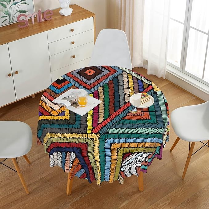 Laeacco 36 Inch Colorful Patchwork Round Tablecloth Woven Geometric Pattern Abstract Art Print Table Cloth Washable Waterproof Wrinkle Free Table Cover for Kitchen Dining Picnic Party Decoration