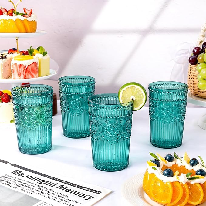 Ciaell 12 Pack Romantic Plastic Water Glasses - 14 Oz Green Vintage Drinking Glasses, Embossed Ribbed Plastic Cups, Textured Striped Set for Juice, Beverages, Beer, Cocktail
