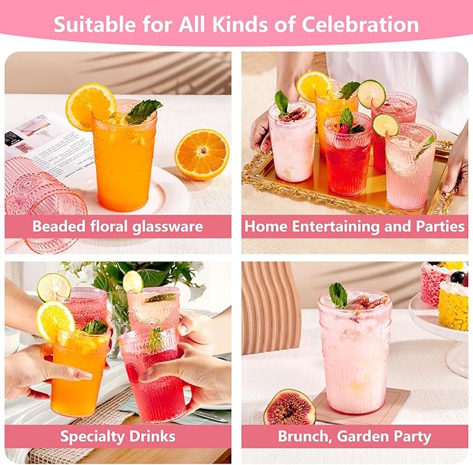 Ciaell 12 Pack Romantic Plastic Water Glasses - 14 Oz Pink Vintage Drinking Glasses, Embossed Ribbed Plastic Cups, Textured Striped Set for Juice, Beverages, Beer, Cocktail & Valentine's Day