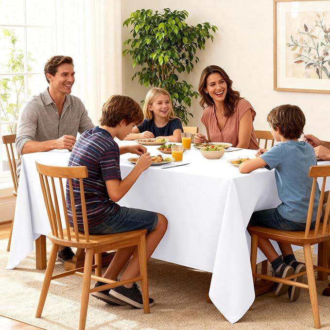 10-Pack White Tablecloths for Rectangle Tables, 70 x 108 Inches, Stain-Resistant Polyester Fabric for 6 Foot Tables - Washable Table Covers for Weddings, Banquets, Birthday Parties, Events