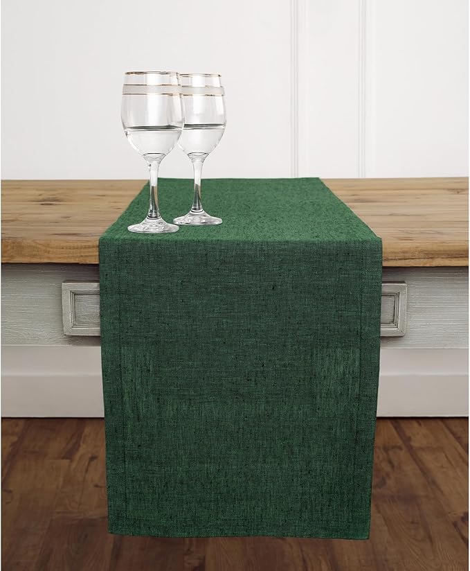 Solino Home Linen Small Table Runner 60 Inches - Athena, 100% Pure Linen Forest Green Table Runner 14 x 60 Inch Ideal for Dresser and Coffee Tables - Winter, Easter, St Patricks Day