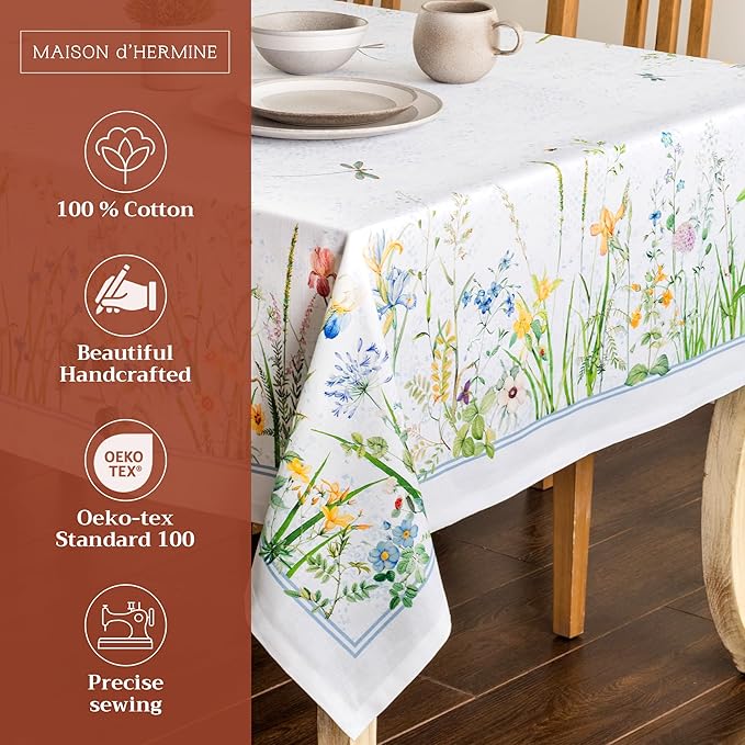 Maison d' Hermine Table Cloth Rectangle Table 100% Cotton 70 x 140 Inches Tablecloth Reusable Decorative for Dining Room Farmhouse Home Valentines Day Decorations Spring Summer - Fleurs De Mai