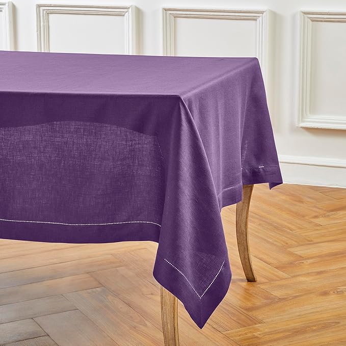 Solino Home Linen Tablecloth for Rectangle Tables 60 x 132 Inch - Classic Hemstitch 100% Pure Linen Purple Table Cloth - Machine Washable Cloth Tablecloth for Valentines, Spring, Easter