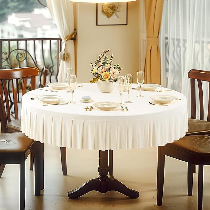 8 Pack Ivory Spandex Round Tablecloths for 72in Table, Stretchy Fitted 6FT Round Table Cloths, Wrinkle Free Table Cover with Skirt for Wedding Birthday Party Bridal Shower Banquet