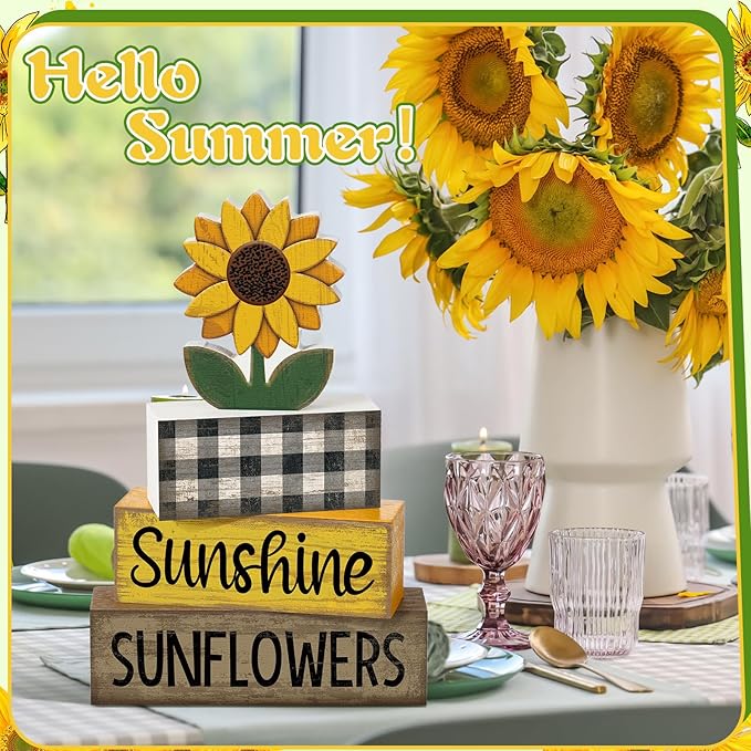 4 Pcs Sunflower Decorations Sunflower Wooden Sign Sunshine Table Centerpiece Summer Tiered Tray Decor Decorative Faux Book Stack Block for Coffee Table Fireplace Mantel Floating Shelf