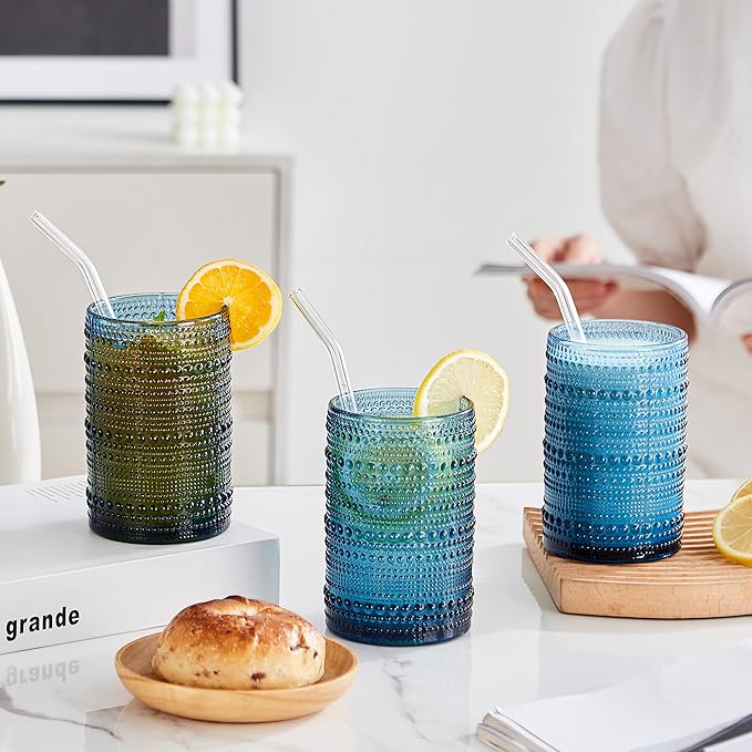 Vintage Hobnail Drinking Glasses Set of 12, 15oz Textured Tumblers - Embossed Blue Bar Glasses for Cocktails, Beer, Whiskey, Dishwasher-Safe Highball Cups for Kitchen, Juice & Mixed Drinks