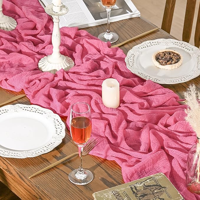 Artoid Mode Boho Cheesecloth Gauze Rose Red Wedding Table Runner, 120 Inch Seasonal Fabric Kitchen Dining Holiday Table Decor for Home Party Indoor