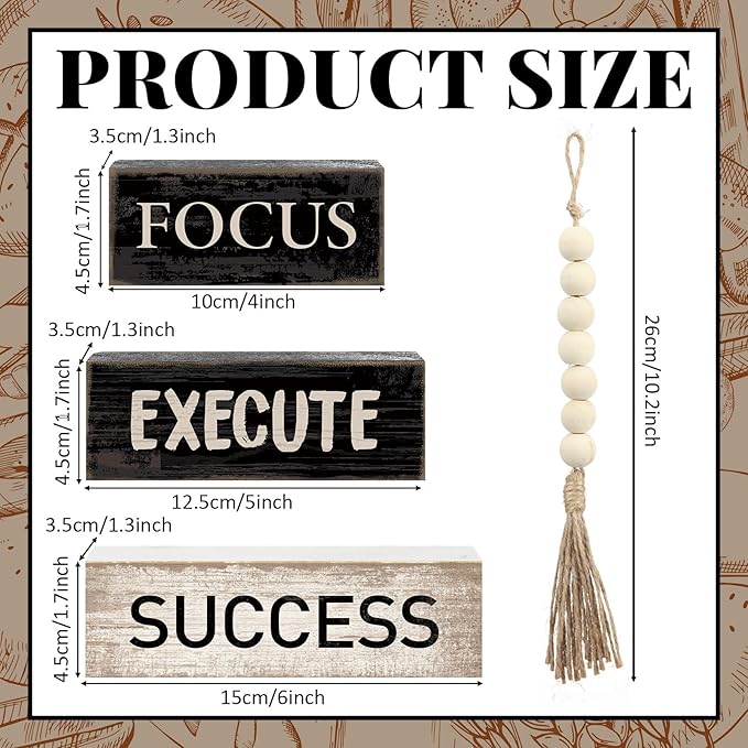 4 Pcs Motivational Wooden Tabletop Decor Inspirational Tiered Tray Decor Rustic Retro Wood Bead Garland Focus Execute Success Block Sign Gift Farmhouse Centerpiece for Home Shelf Mantle