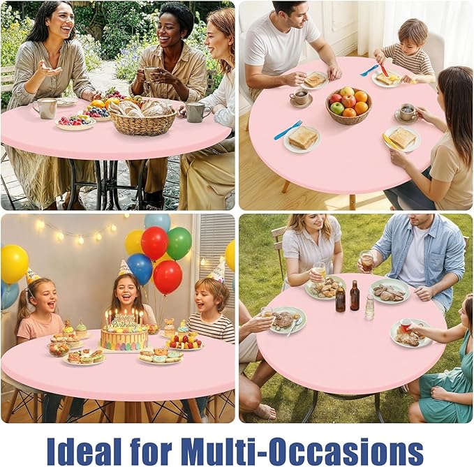 Round Spandex Valentines Day Tablecloth, Elastic Fitted Waterproof Tablecloths for 25"-30" Tables, Stretch Washable Picnic Table Cover for Camping, Dining, Indoor and Outdoor, Pink