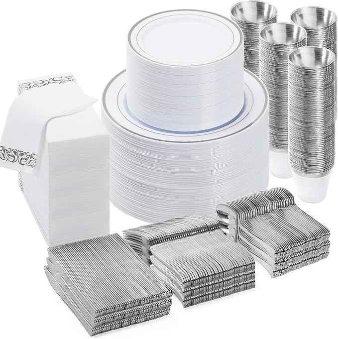 BESTVIP 700 PCS Silver Dinnerware Set for 100 Guests, Plastic Dinnerware Set for Party, Wedding, Christmas, Include: 200 Plastic Plates, 100 Silver Silverware, 100 Cups, 100 Paper Napkins