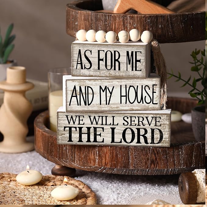4 Pcs Farmhouse Bible Verse Decor Farmhouse Tiered Tray Decor Rustic Retro Wood Bead Garlands for Me and My House We Will Serve the Lord Block Christian Jesus Sign for Home Shelf Mantel