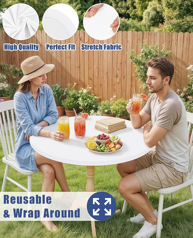 Round Spandex Tablecloth, Elastic Fitted Waterproof Tablecloths for 31"-35" Tables, Stretch Washable Picnic Table Cover for Camping, Dining, Indoor and Outdoor, White