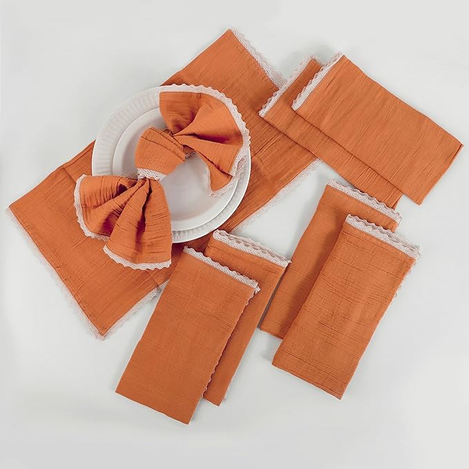 Fingercraft Dinner Cloth Napkin Cotton Muslin Double Gauze 8 Pack with Classic Lace for Everyday Use, Wedding, Party, Christmas, Easter Napkins Cloth are Pre Shrunk and Good Absorbency Rust