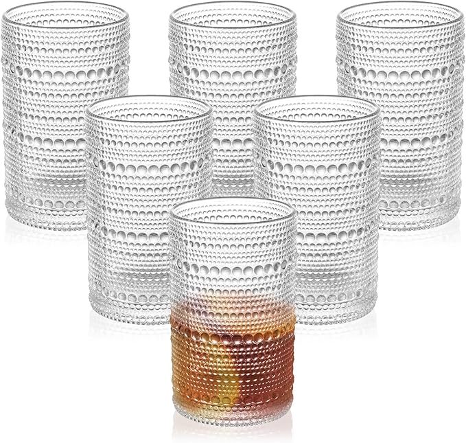 Vintage Hobnail Drinking Glasses Set of 6 – 13 oz Clear Highball Glass Cups – Embossed Textured Glassware with Anti-Slip Design for Water, Juice, Cocktails – Thick Glass, Dishwasher Safe