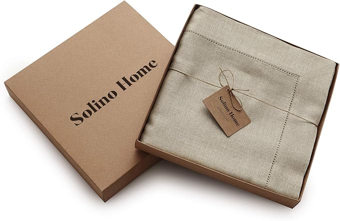Solino Home Linen Tablecloth for Rectangle Tables 60 x 90 Inch - Classic Hemstitch 100% Pure Linen Natural Table Cloth - Machine Washable Cloth Tablecloth for Spring, Easter