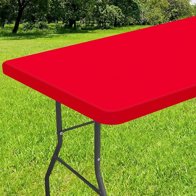Smiry Rectangle Tablecloth, Elastic Fitted Flannel Backed Vinyl Tablecloths for 8ft Folding Tables, Waterproof Wipeable Table Covers for Indoor, Outdoor, Picnic and Camping (Red, 30"x96")