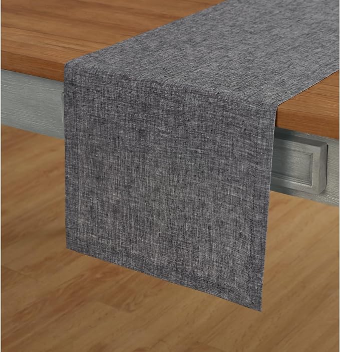 Solino Home Linen Small Table Runner 36 Inches - Athena, 100% Pure Linen Chambray Black Table Runner 14 x 36 Inch Ideal for Dresser and Coffee Tables - Winter