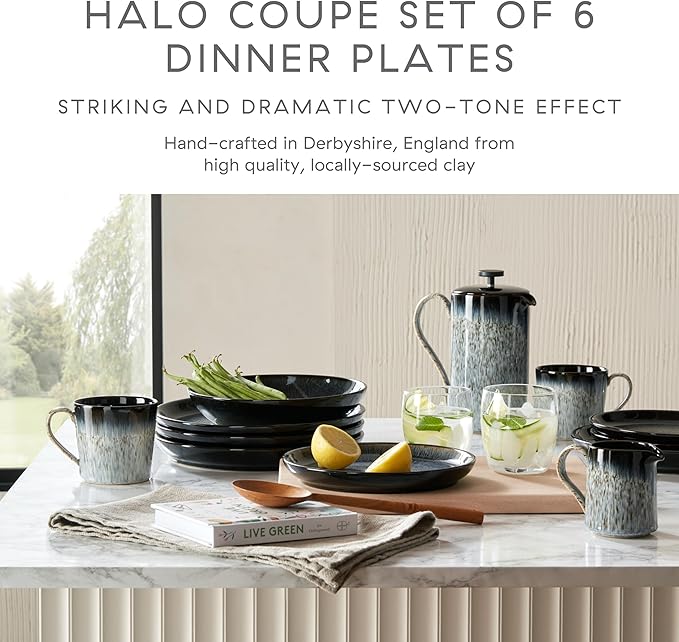 Denby - Halo Coupe Dinner Plates Set of 6-10.25 Inch Reactive Glaze, Dishwasher Microwave Oven Safe - Scratch Chip Resistant - Grey, Black Large Ceramic Stoneware Dinnerware Plates Set
