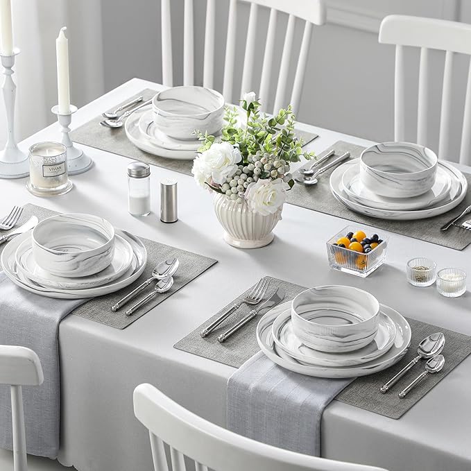 MALACASA Plates and Bowls Sets, 12 Pieces Porcelain Dinnerware Sets Dishware Sets Chip Resistant Ceramic Dish Set Dining Dinner Ware Service for 4, Marble Grey, Series LUNA