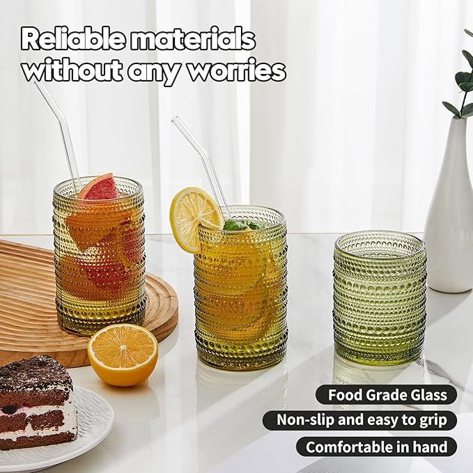 Vintage Hobnail Drinking Glasses Set of 12 (15oz) – Embossed Green Textured Tumblers, Non-Slip, Dishwasher Safe for Cocktails, Whiskey, Bar & Kitchen Cups