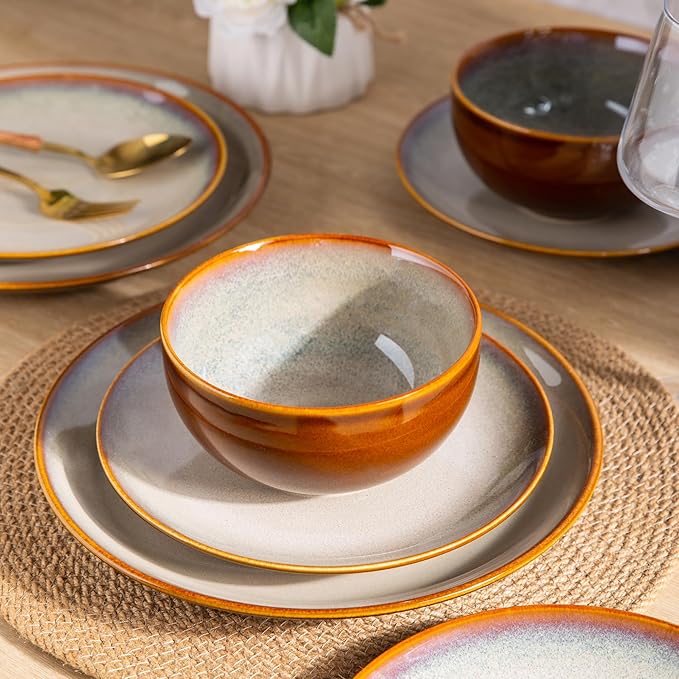 LERATIO Ceramic Dinnerware Sets for 4, Coupe Plates and Bowls Sets,Highly Chip and Crack Resistant | Dishwasher & Microwave & Oven Safe Dishes set,Reactive Glaze Dinnerware- Service for 4（12pcs）